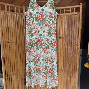Talbots Mint Maxi Dress with Coral Floral and Olive Leaves . Size XL. NWT